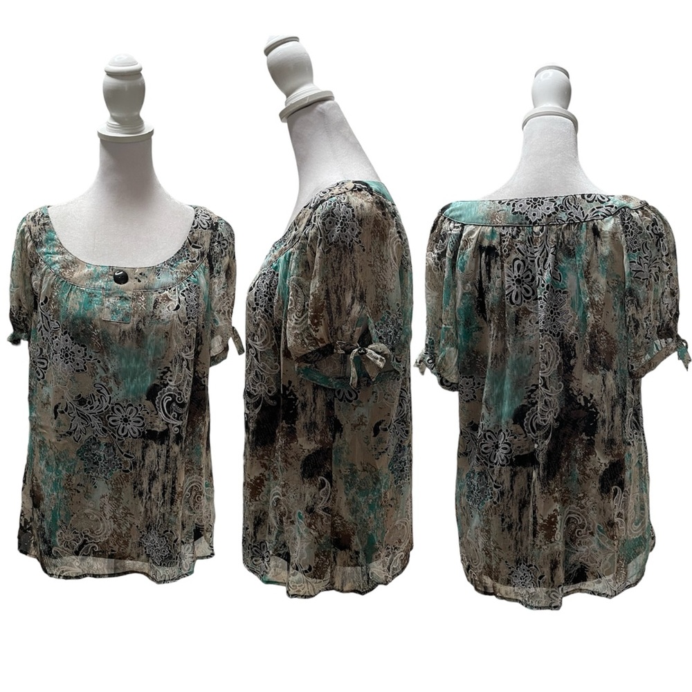 Sara Michelle Multicolor Print Short Tie Sleeve Scoop Neck Blouse Size PXL